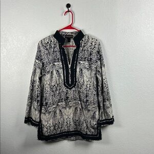 Dana Buchman Black Cream Patterned Tunic Sz L Career Chic Office Wear